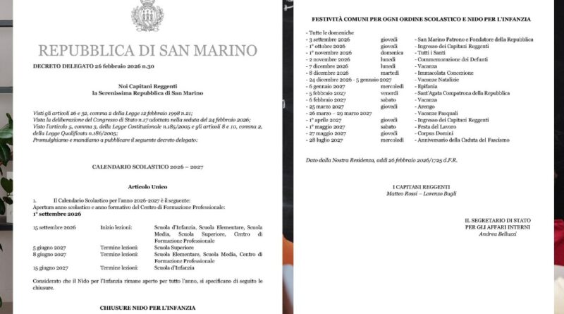 Scuole di San Marino, approvato il calendario 2026-2027: partenza a metà settembre