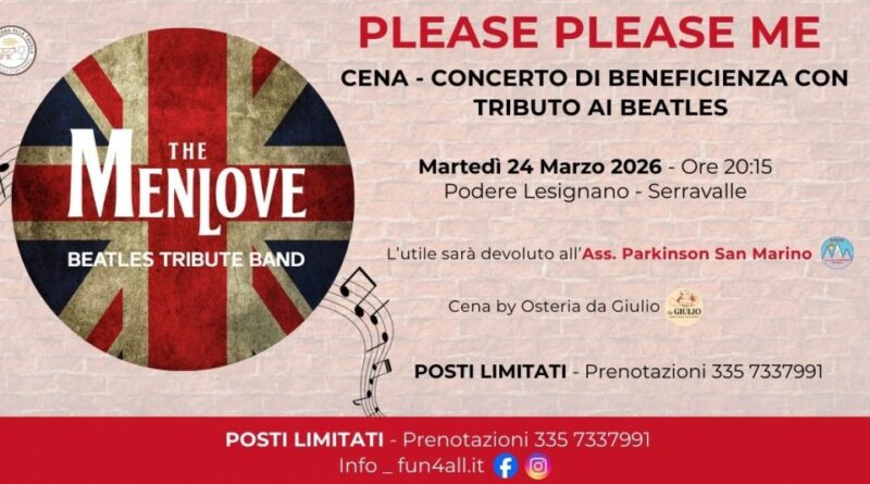 San Marino. “PLEASE PLEASE ME” cena-concerto di beneficenza con tributo ai Beatles