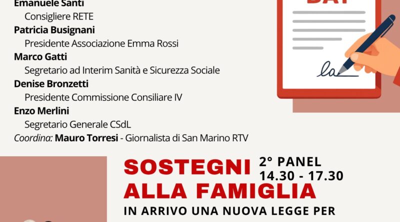 San Marino. Testamento biologico e PdL sostegni alla famiglia: lunedì 27 aprile dibattito pubblico organizzato dalla CSdL