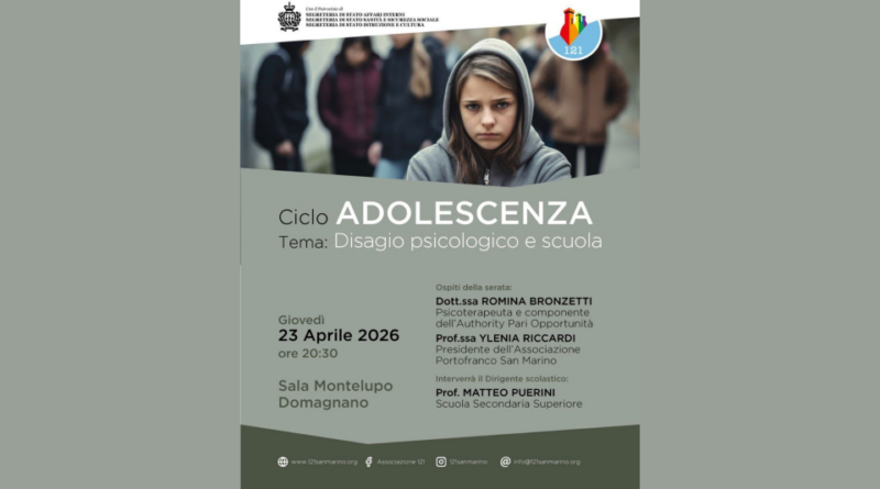 San Marino. Associazione 121 su disagio psicologico e scuola: un incontro pubblico per comprenderlo e affrontarlo insieme