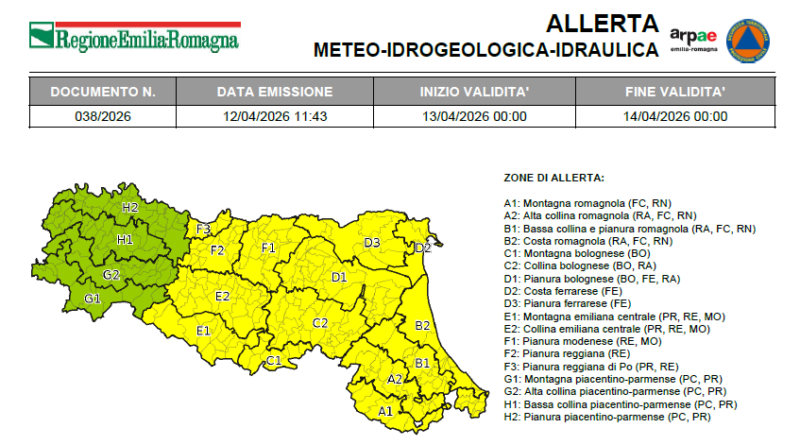 Protezione Civile. Allerta 038/2026 valida dalle 00:00 del 13/04/2026: temporali