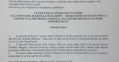 San Marino. La Reggenza decreta il lutto nazionale per la giornata di lunedì 1° giugno.