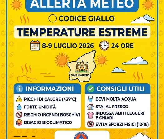 San Marino. Unione Volontariato Protezione Civile. Codice Colore Giallo per temperature estreme