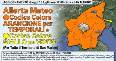 San Marino. Unione Volontari Protezione Civile. Allerta colore Arancione per temporali. Colore Giallo per Vento