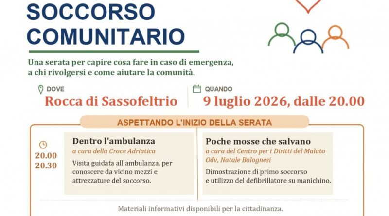 “Soccorso Comunitario”: giovedì 9 luglio a Sassofeltrio una serata per capire cosa fare in caso di emergenza