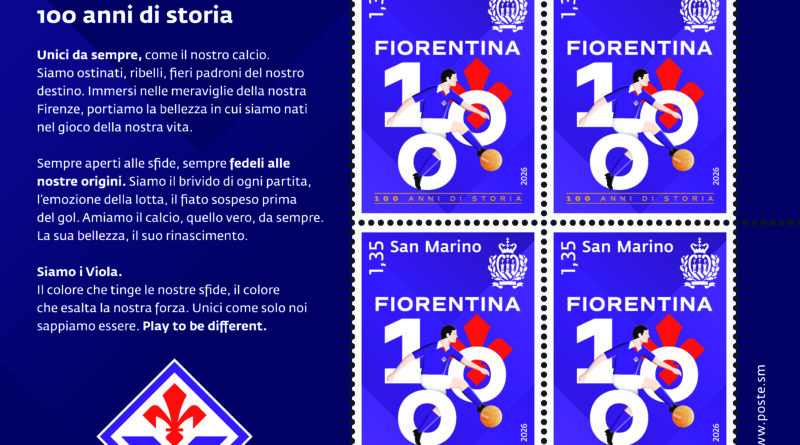 Poste San Marino celebra il centenario della Fiorentina con un’emissione filatelica dedicata