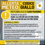 Unione Protezione Civile San Marino. Allerta meteo Codice Colore giallo per temporali e vento