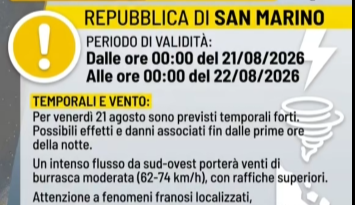 Unione Protezione Civile San Marino. Allerta meteo Codice Colore giallo per temporali e vento