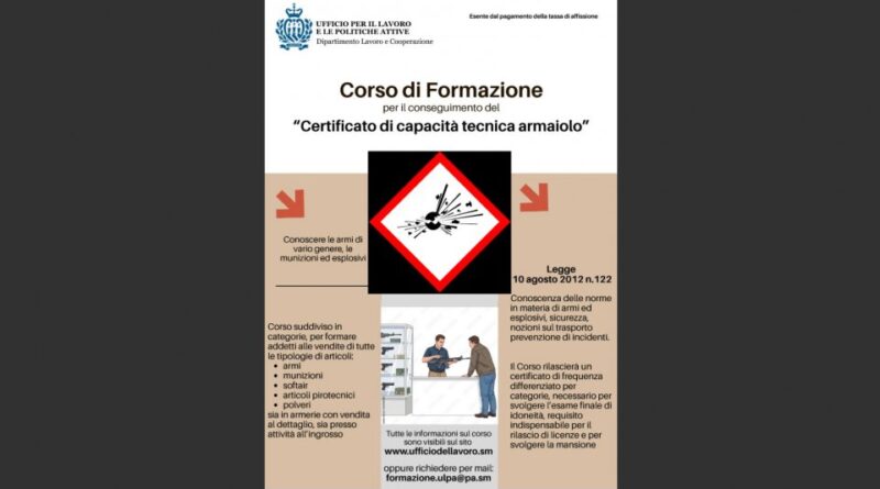 San Marino. Corso di Formazione per il conseguimento del “Certificato di capacità tecnica armaiolo”