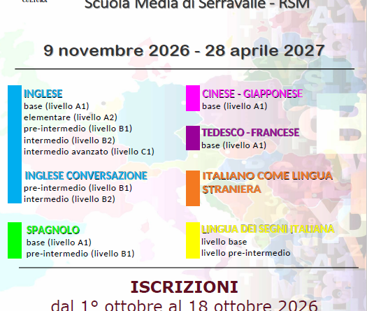San Marino. Al via le iscrizioni ai Corsi Serali di Lingua 2026/2027 per tutti