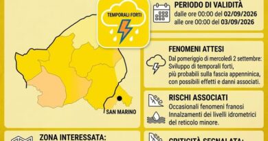 San Marino. Unione Volontariato Protezione Civile. Allerta Meteo Codice Colore GIALLO per criticità TEMPORALI per le zone di allerta A1 e A2.