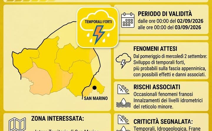 San Marino. Unione Volontariato Protezione Civile. Allerta Meteo Codice Colore GIALLO per criticità TEMPORALI per le zone di allerta A1 e A2.